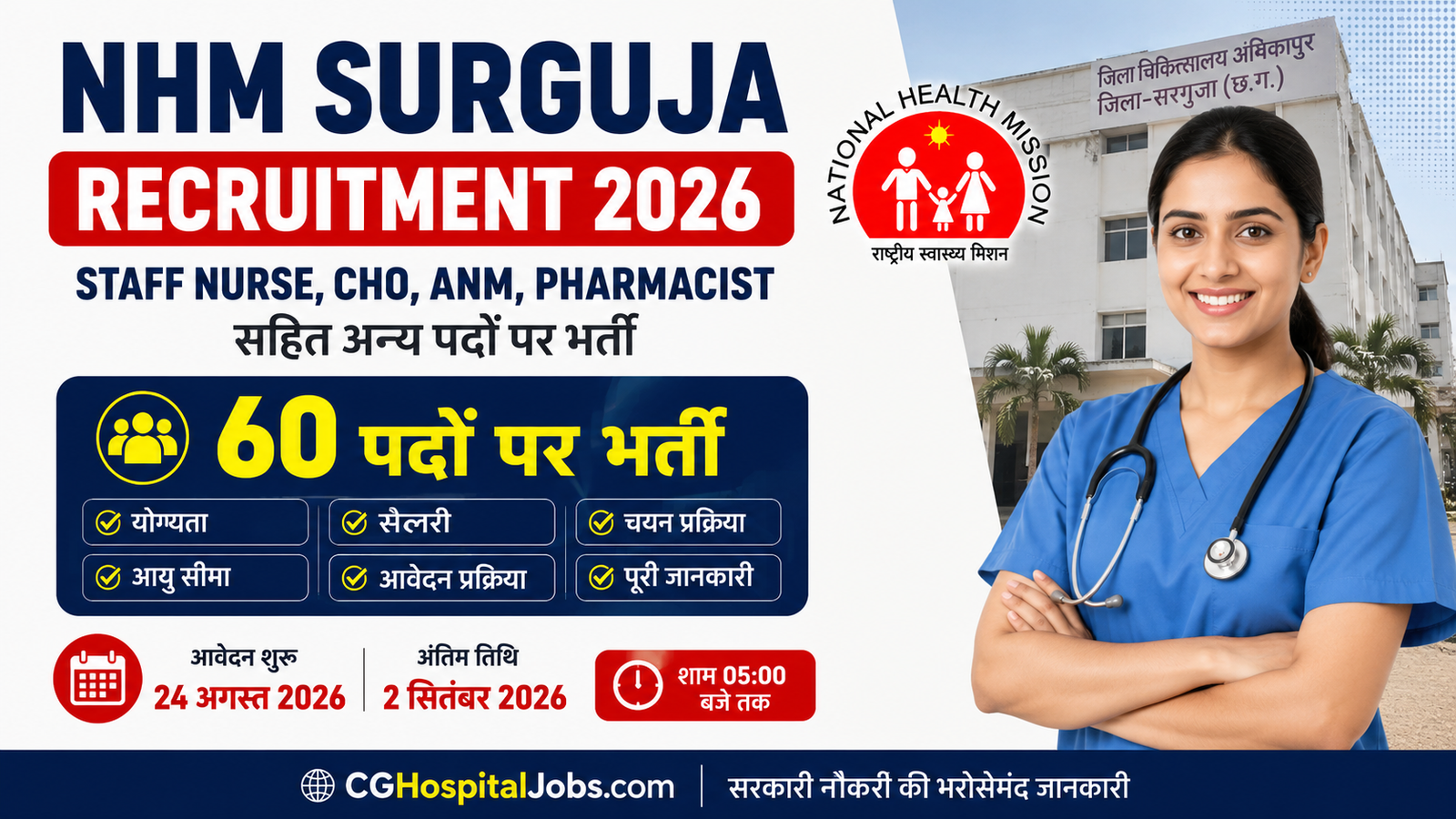 NHM Surguja Ambikapur Recruitment 2026 | 60 पदों पर भर्ती, Staff Nurse, CHO, ANM, Pharmacist Vacancy in Ambikapur | Cg Hospital Job